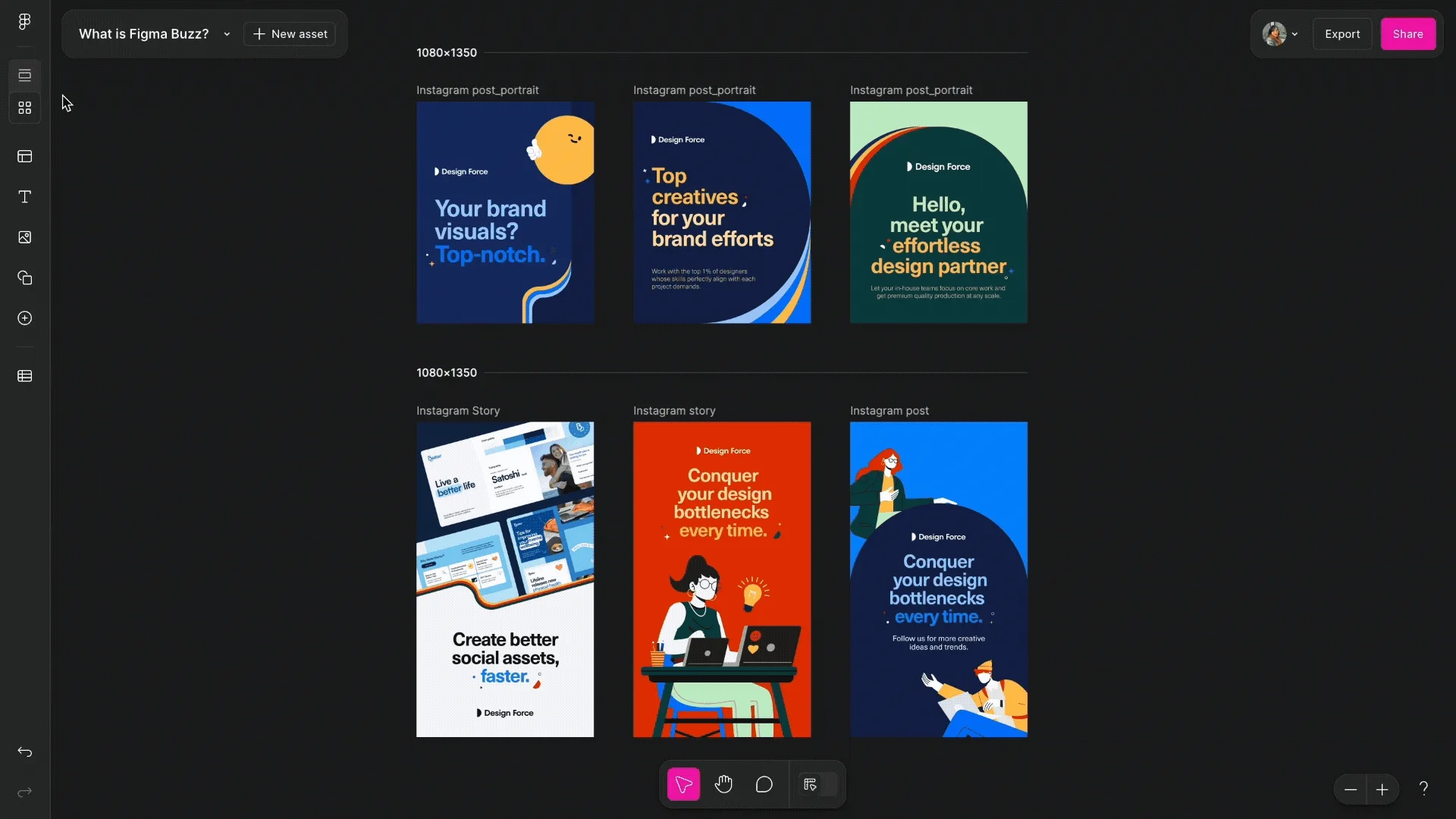 Figma Buzz workspace showing multiple branded social media asset templates in grid view.