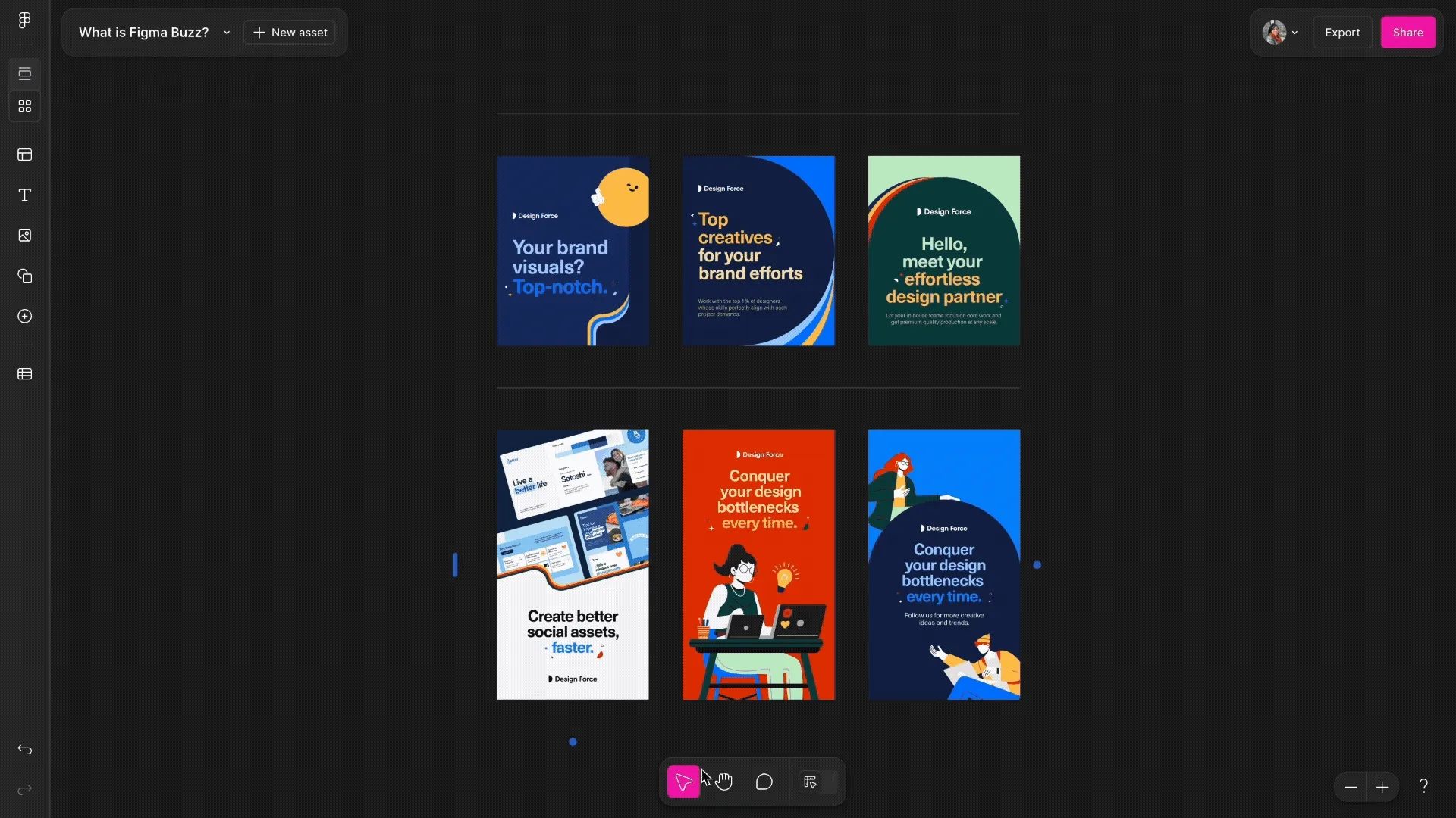 Zoomed Figma Buzz canvas with six branded social media templates arranged for review.
