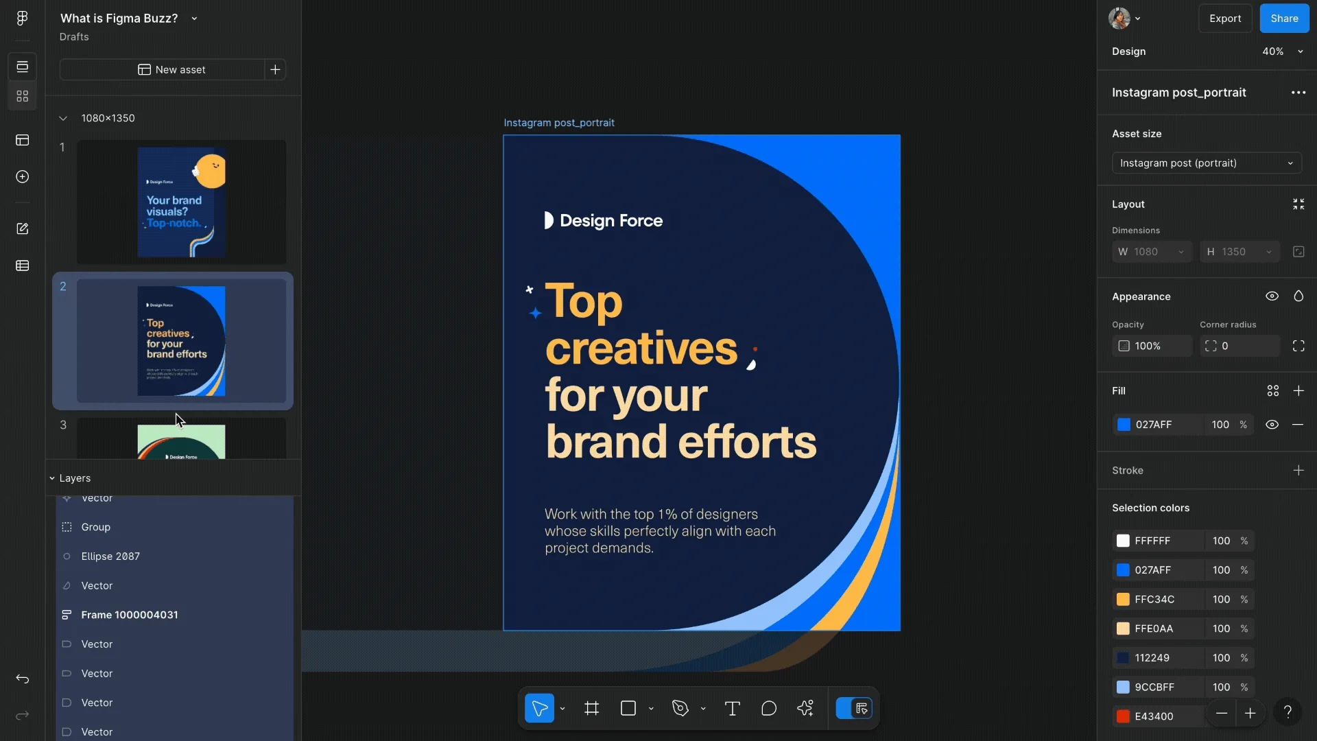 Figma Buzz design mode showing a selected Instagram post template with editable brand colors and layout settings.