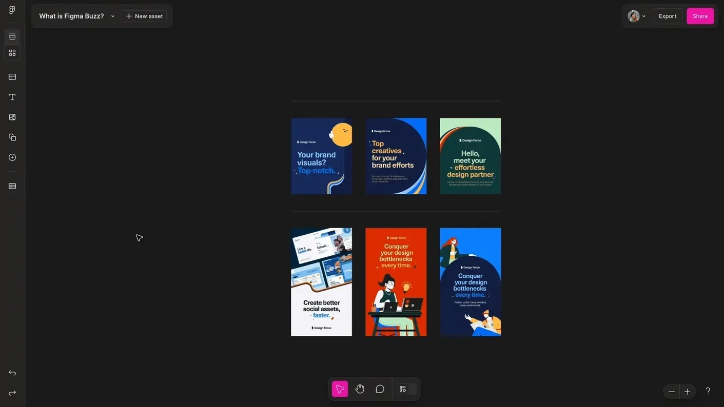 Figma Buzz bulk creation workflow showing multiple branded Instagram templates generated from campaign assets.