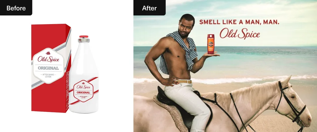Split image: Left side shows Old Spice Original packaging; right side shows a man on a horse at the beach with an Old Spice product, and the text "Smell Like a Man, Man"