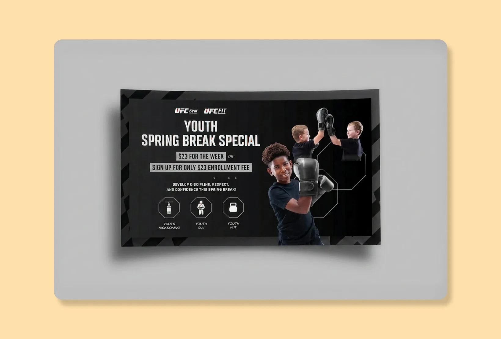 spring break special promotional graphic featuring children in boxing gloves
