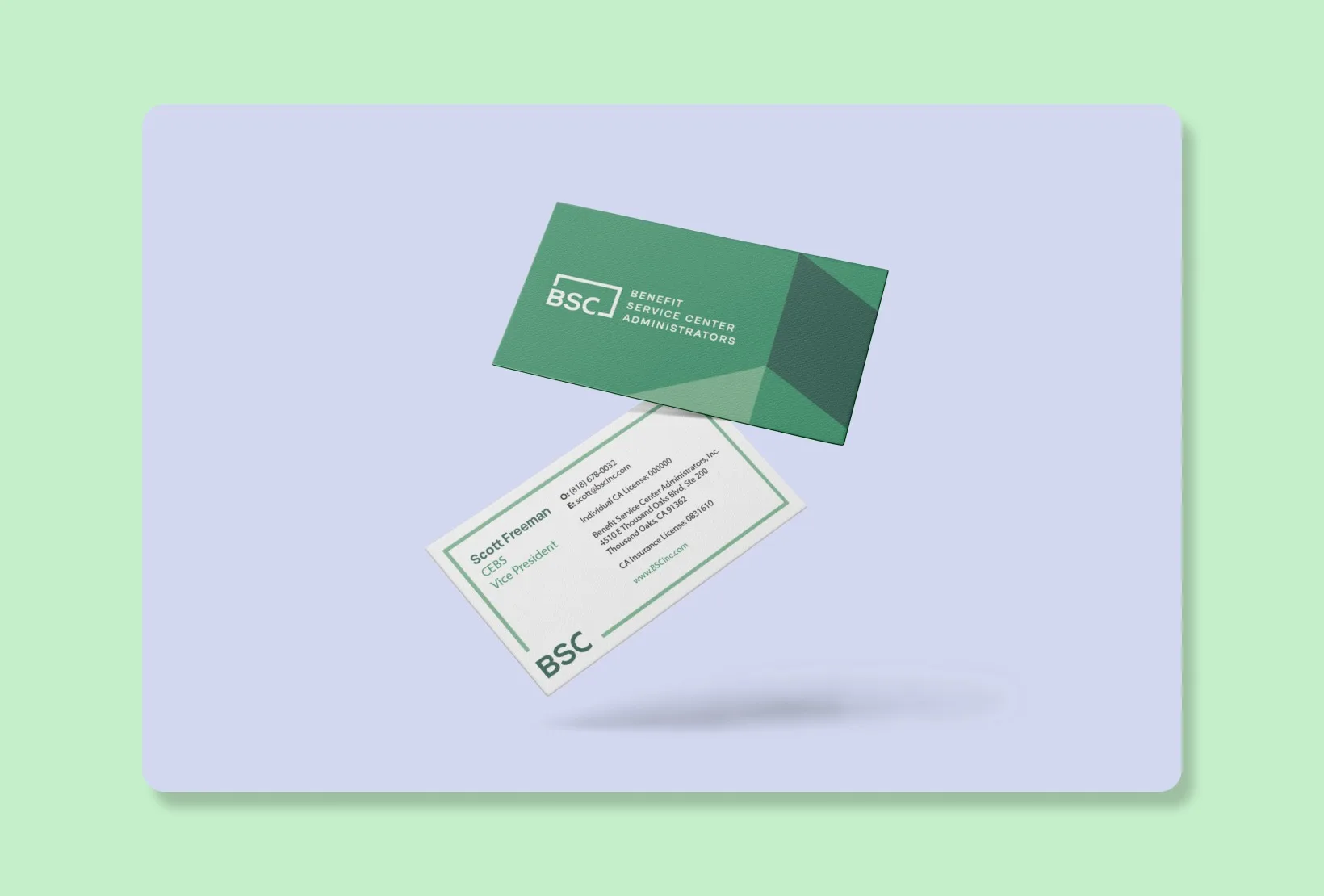 business card design showing the front and contact-information side