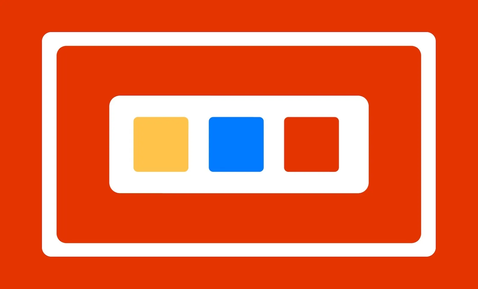 Three colored squares—yellow, blue, and red—inside a white rounded rectangle on an orange background.