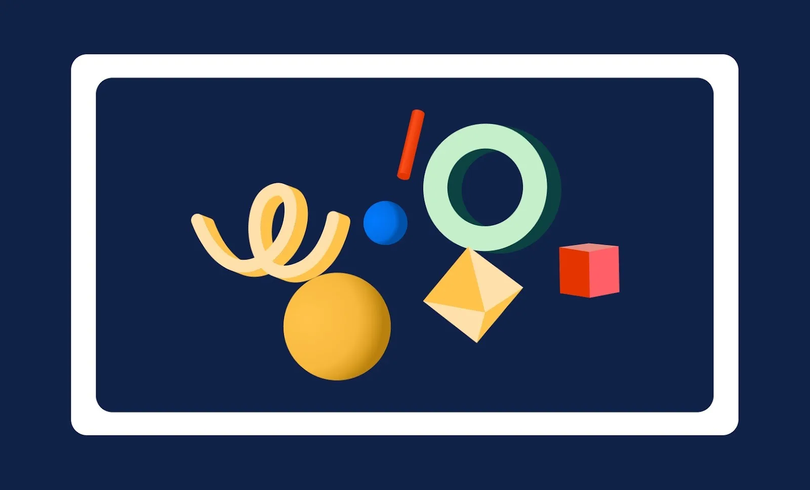 Six 3D shapes—sphere, cube, pyramid, torus, curl, and cylinder—arranged inside a white rectangle on navy background.