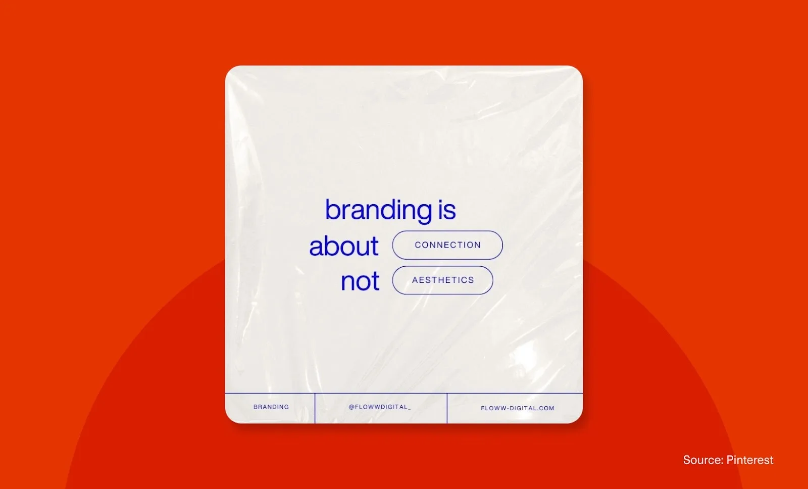Minimal quote card on red: “branding is about connection, not aesthetics.”