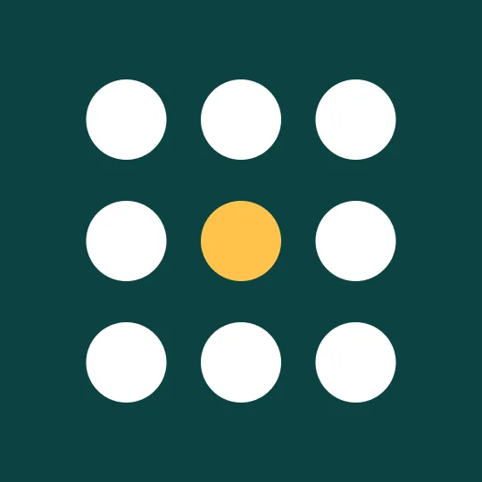 A grid of white circles with a single yellow circle in the center, illustrating emphasis in design.