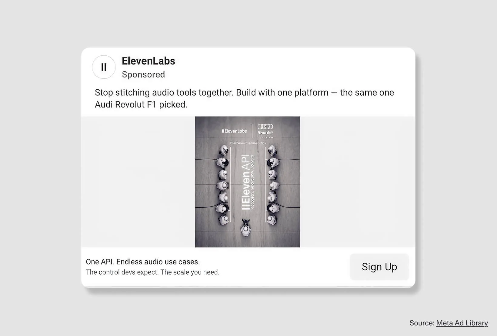 ElevenLabs Facebook ad example promoting one API for audio use cases with Audi Revolut F1 proof and a Sign Up CTA.