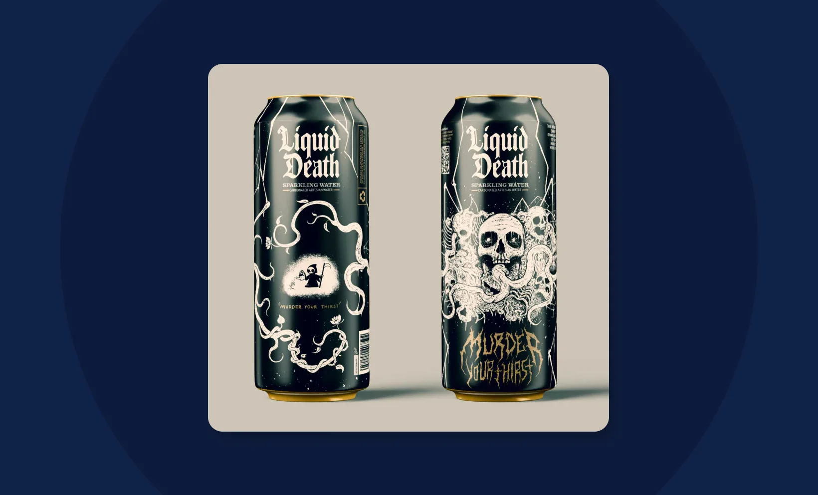 Liquid Death packaging showcasing bold, edgy brand identity that turns water into a lifestyle brand.