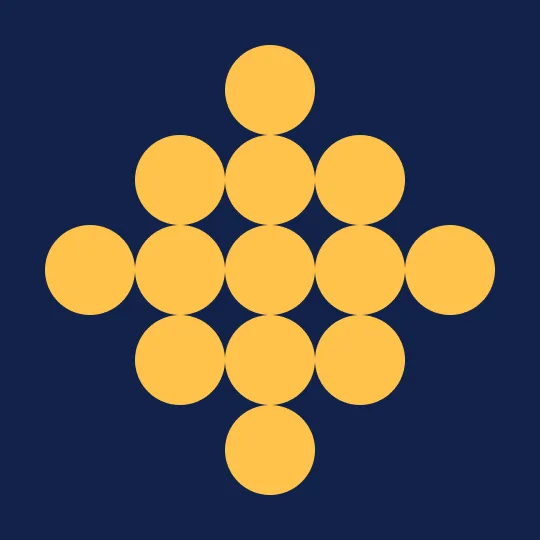Nine yellow circles arranged in a cross shape on a navy blue background, illustrating unity in design.