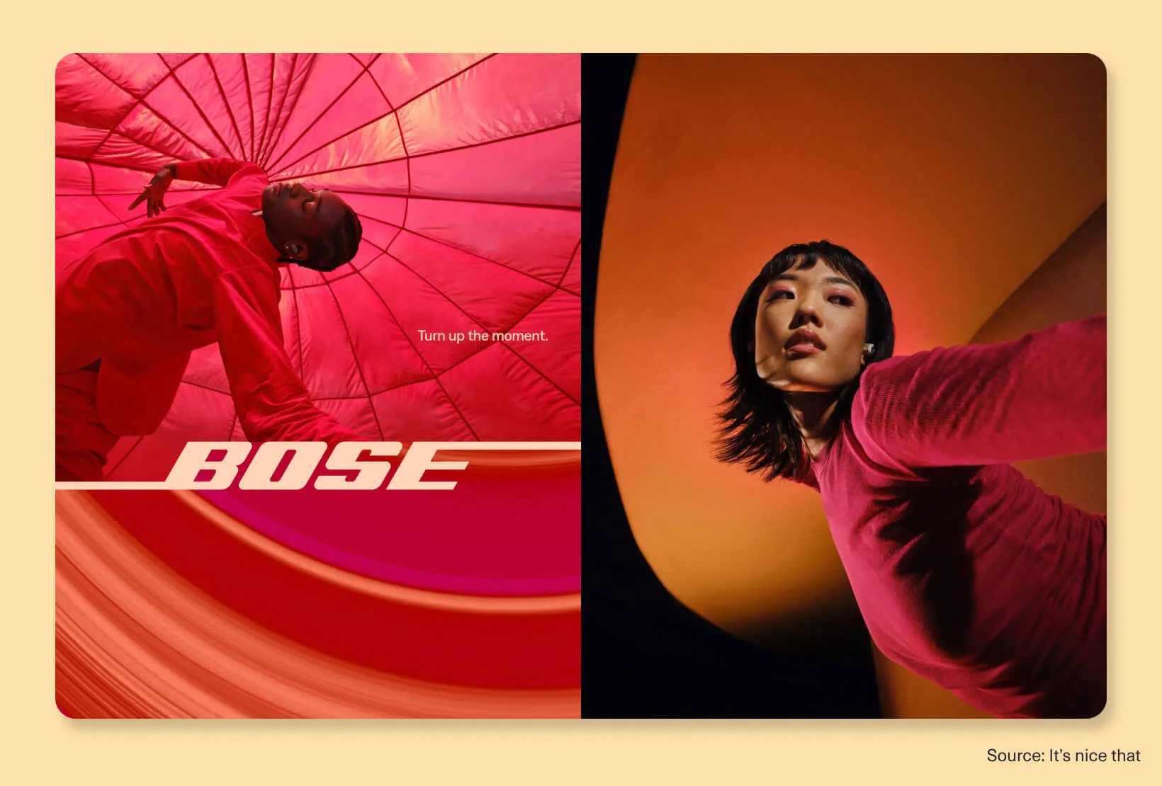 Bose campaign visual with bold red gradients and immersive lifestyle photography for modern brand design