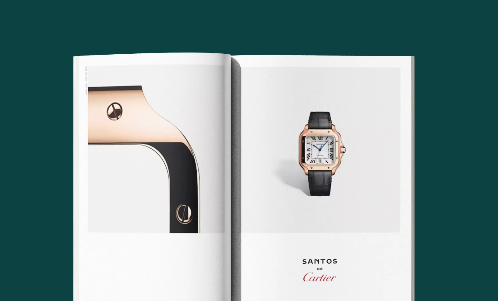 Cartier magazine spread using wide negative space around Santos watch.