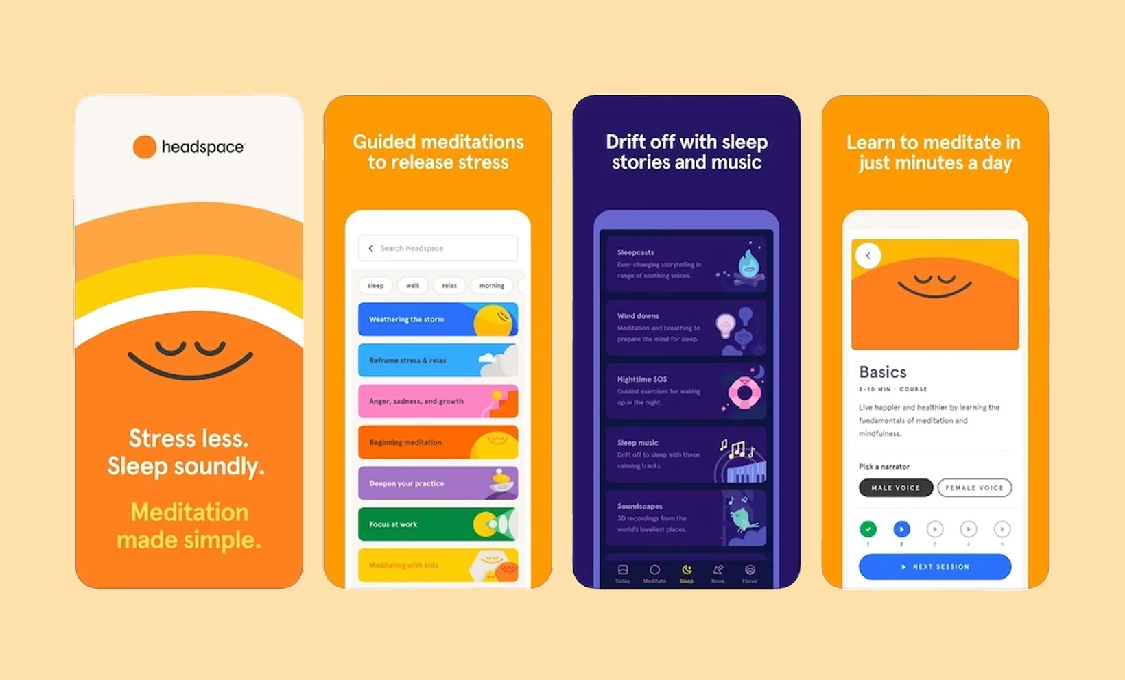 Headspace app screens using generous negative space and bold, calming colors.