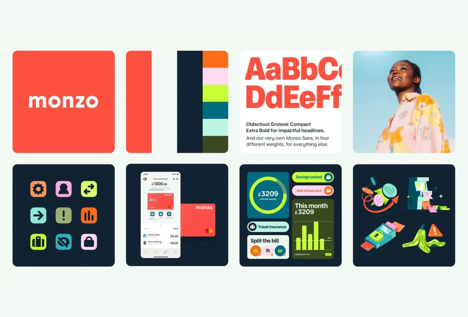 Monzo brand design example featuring playful colors, bold typography, mobile banking app screens, and friendly visual branding