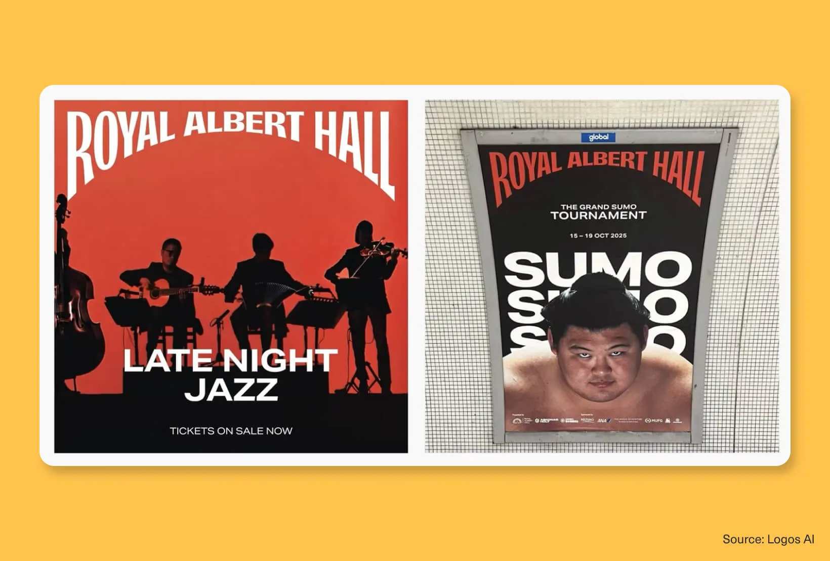 Royal Albert Hall poster design examples with oversized typography and bold editorial event branding