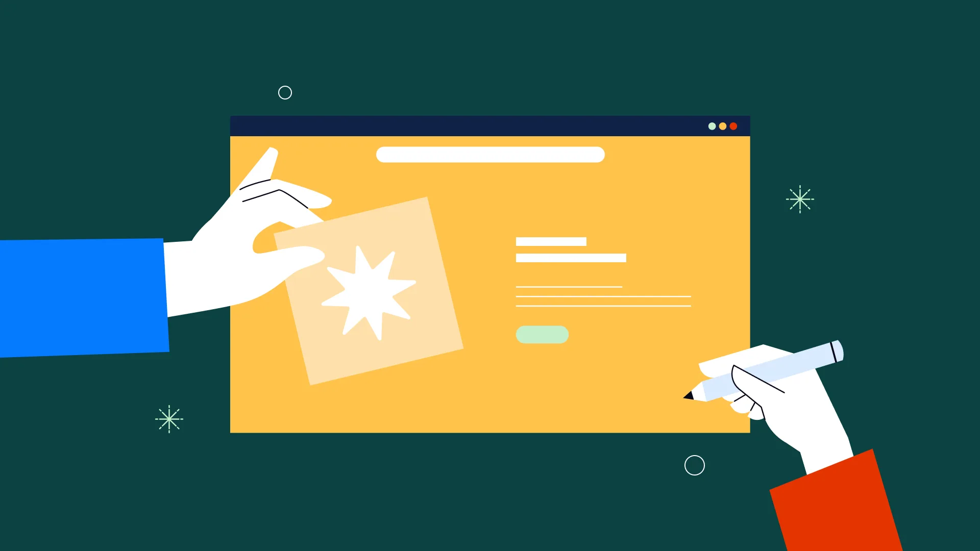 Illustration of hands designing a website interface with a star graphic and pen.