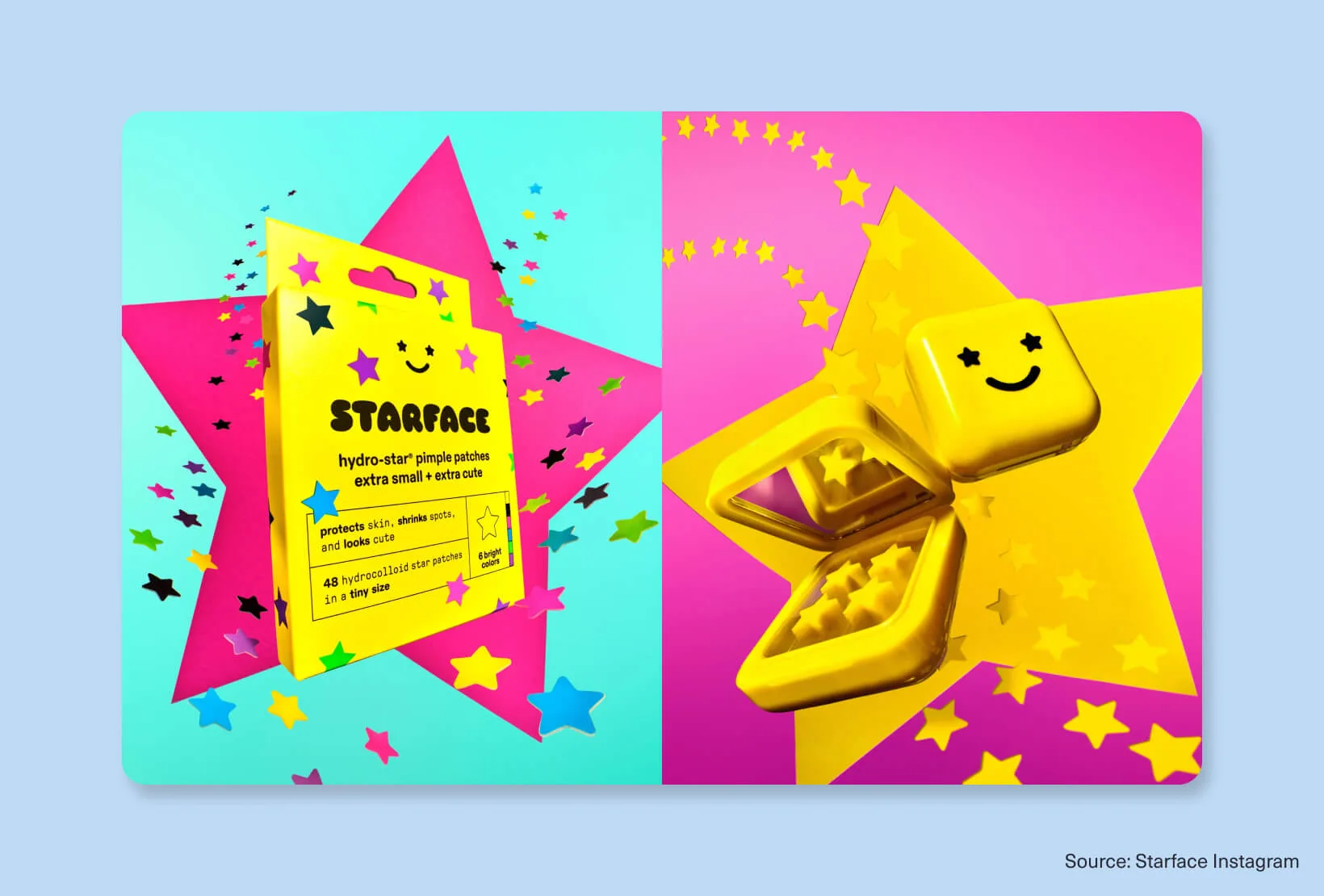 Starface skincare packaging and product visuals with playful bright colors and maximalist graphic design