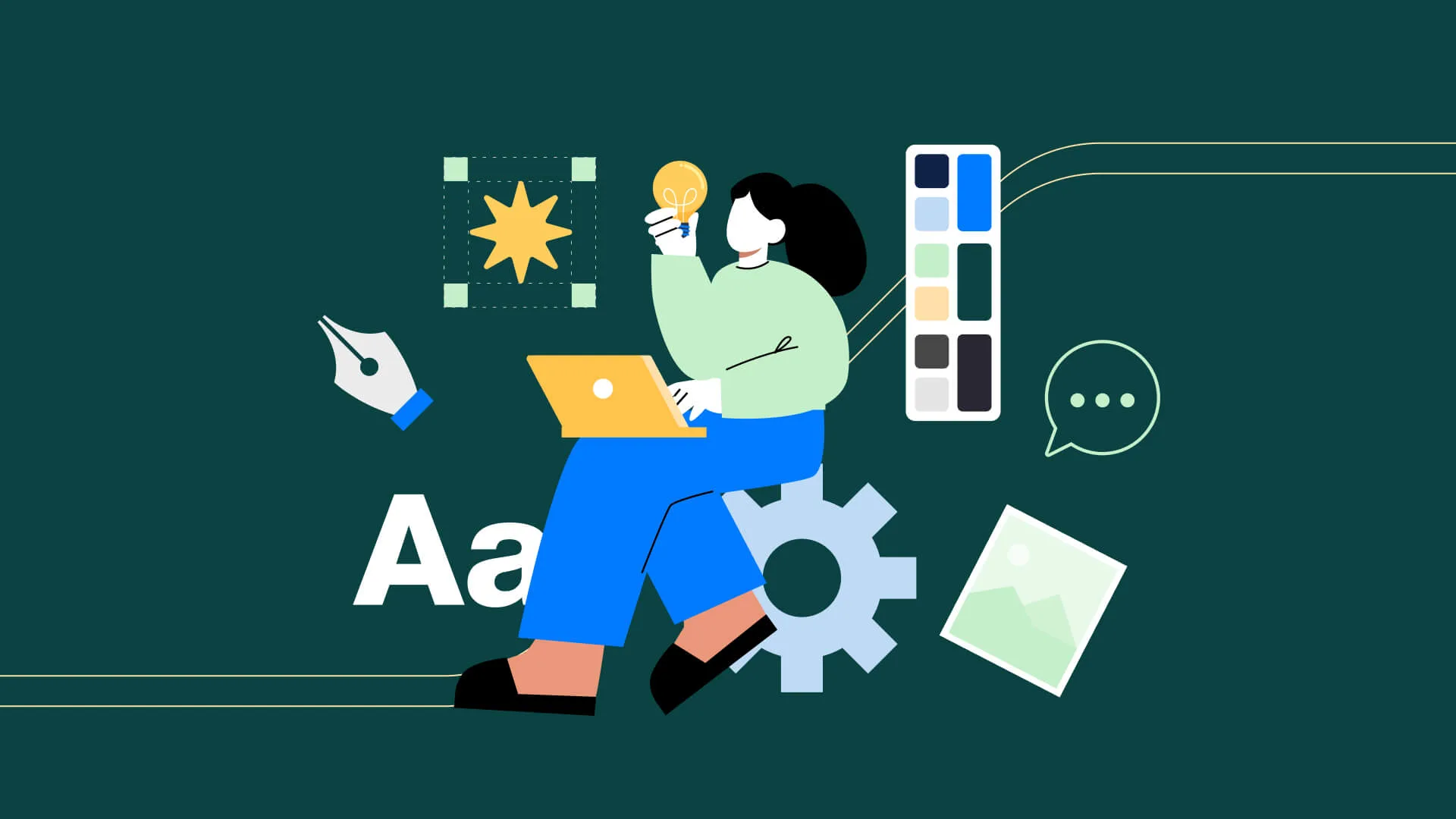 Designer working on a laptop surrounded by brand identity elements such as color, typography, imagery, and messaging.