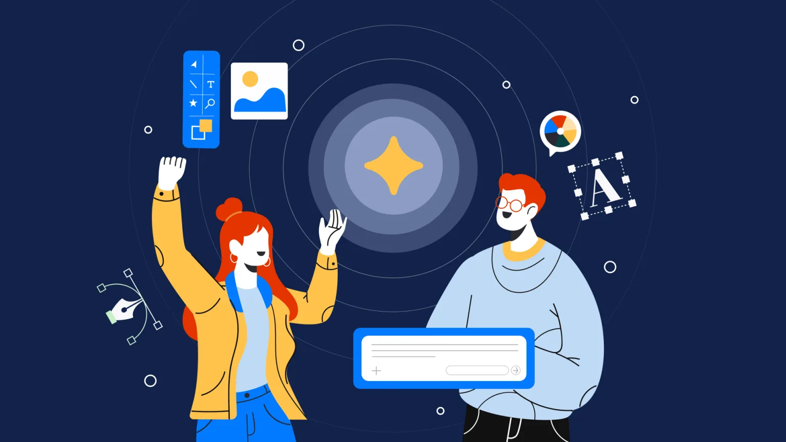 Illustration of two creative professionals surrounded by design tools, color controls, and a digital prompt field