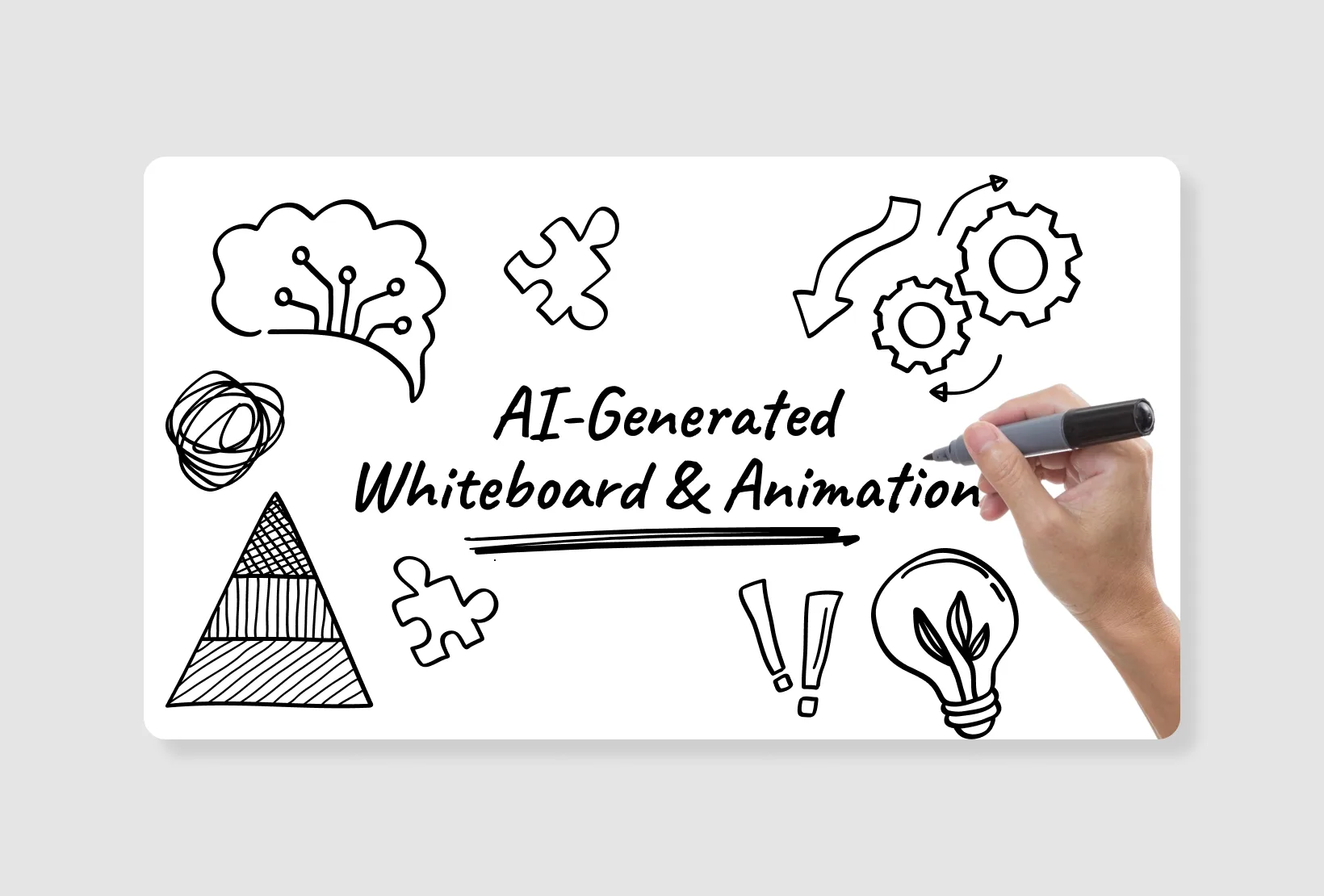Hand writing “AI-Generated Whiteboard & Animation” among sketches of gears, puzzle pieces, a light bulb, and process icons