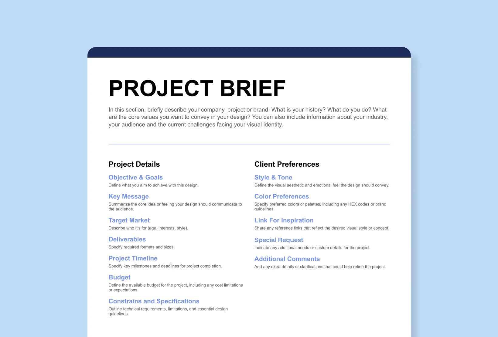 Project brief template covering goals, key message, target audience, deliverables, timeline, budget, and client preferences
