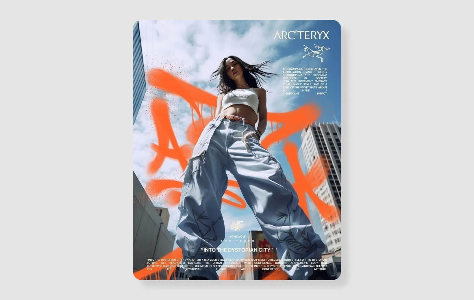 Arc’teryx ad with dominant low-angle model and secondary text elements showing visual hierarchy