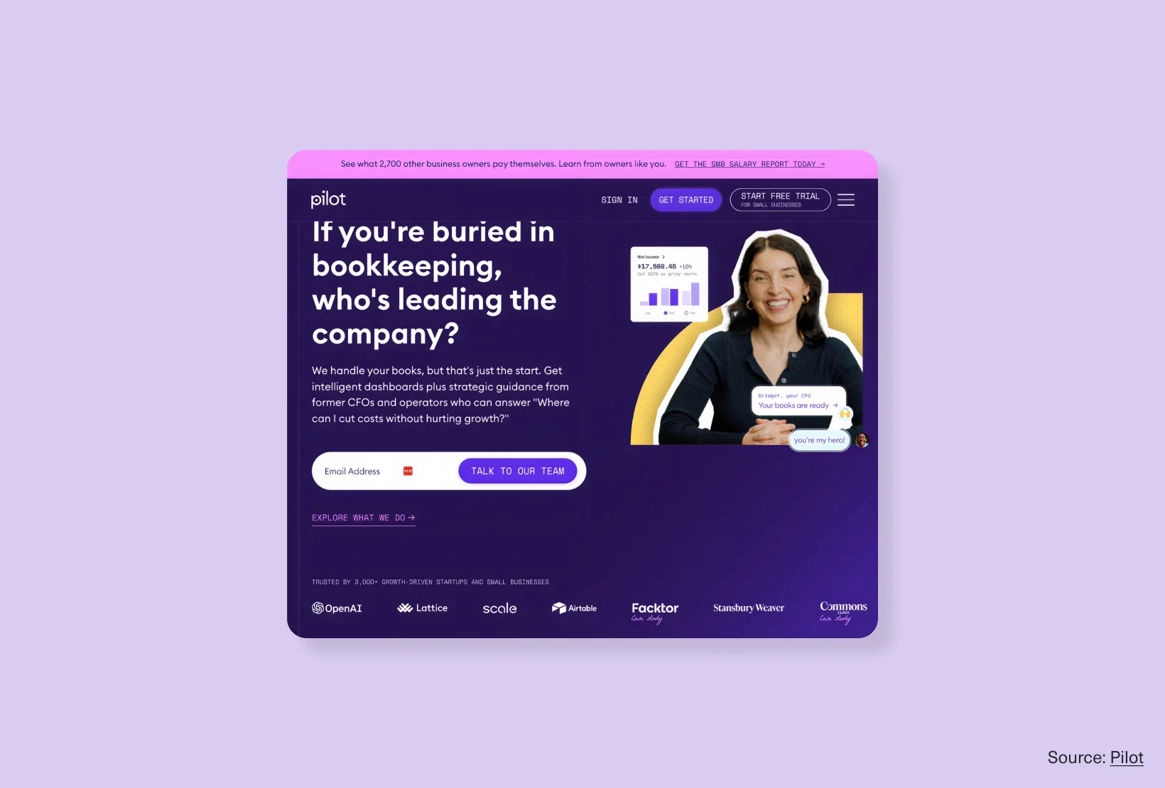 Screenshot of the Pilot homepage showing a B2B service website design with a bold hero message, email form, and call-to-action button