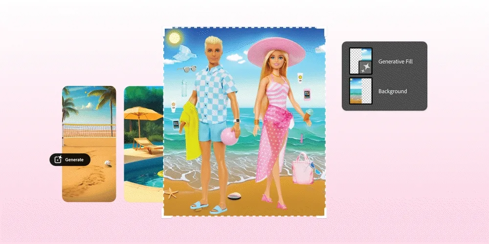 Barbie and Ken dolls in summer outfits, illustrating Mattel’s use of Adobe Firefly for AI-assisted packaging concepts.