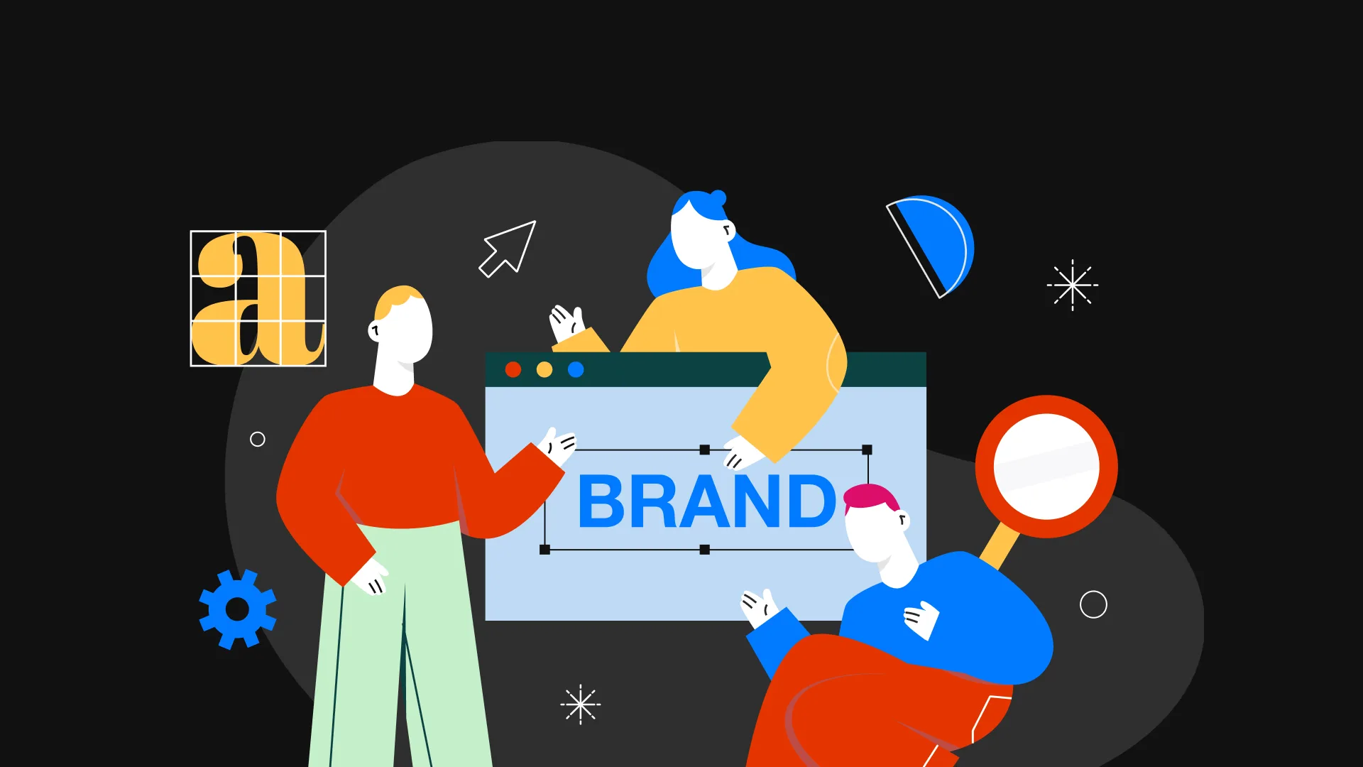 Illustration of a creative team developing a brand identity, with designers collaborating around a screen displaying the word “Brand”