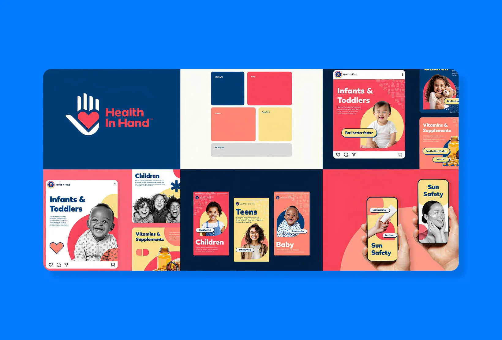Consistent brand identity system featuring color palette, social media templates, and visual branding assets.