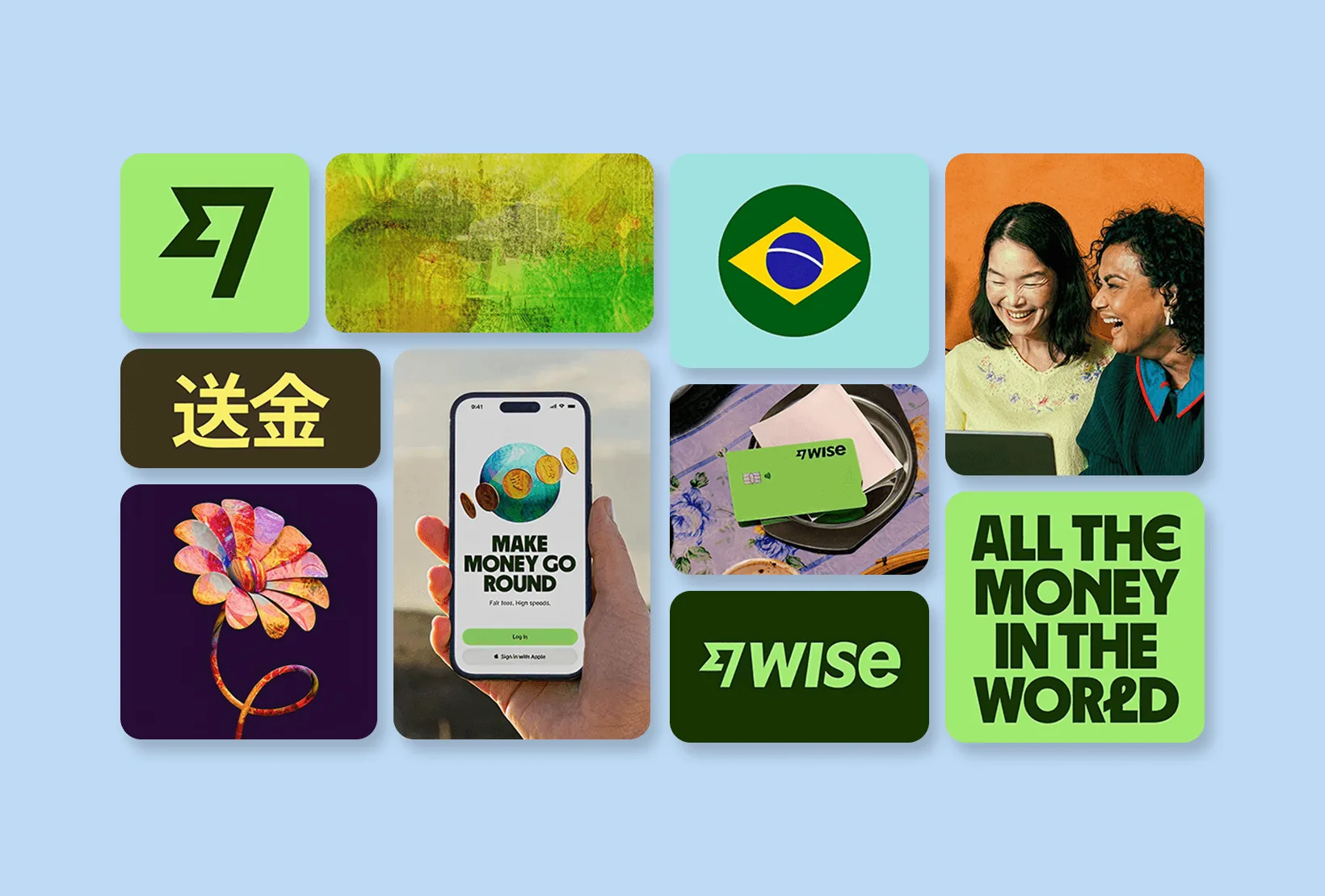 Brand imagery and art direction board showing bold photography, illustration, product UI, and campaign visuals in one system