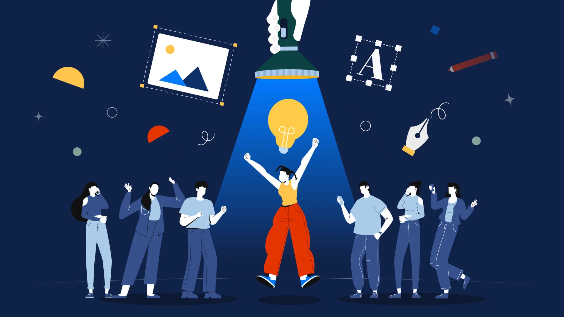 Creative illustration of a person under a spotlight with design elements around them, representing brand positioning and standing out in a crowded market.