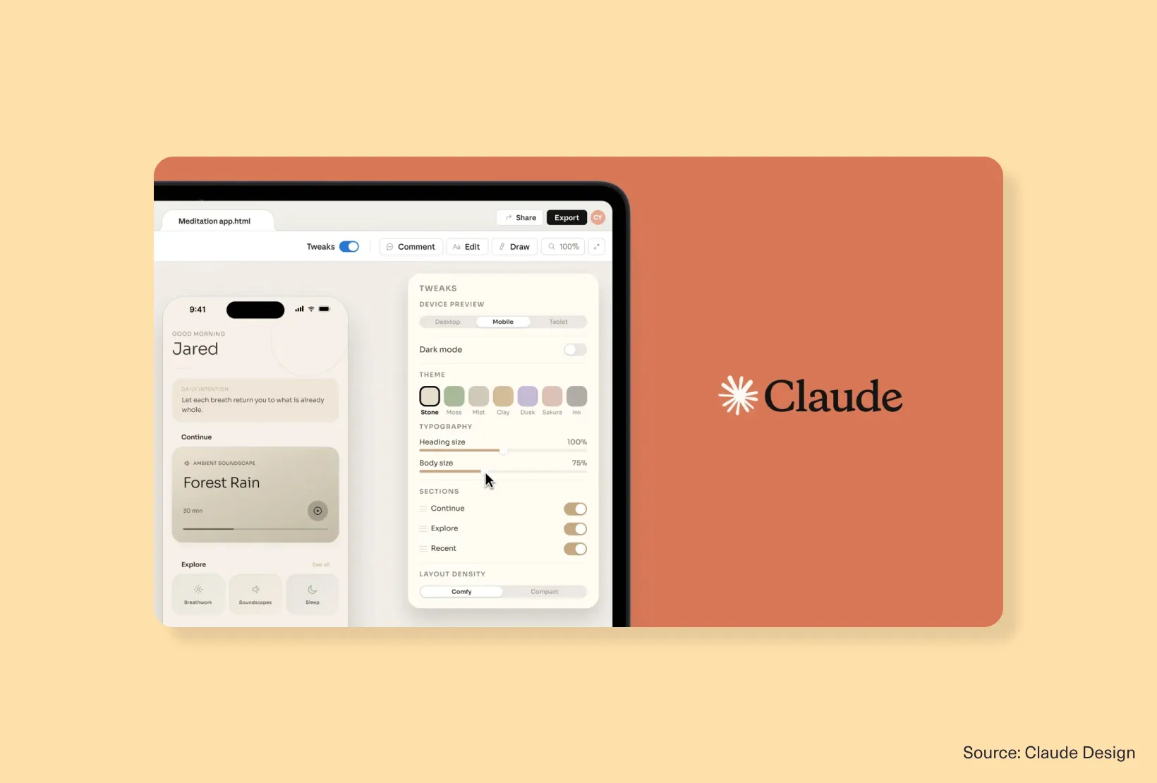 Claude Design interface showing a mobile meditation app preview with theme, typography, and layout controls
