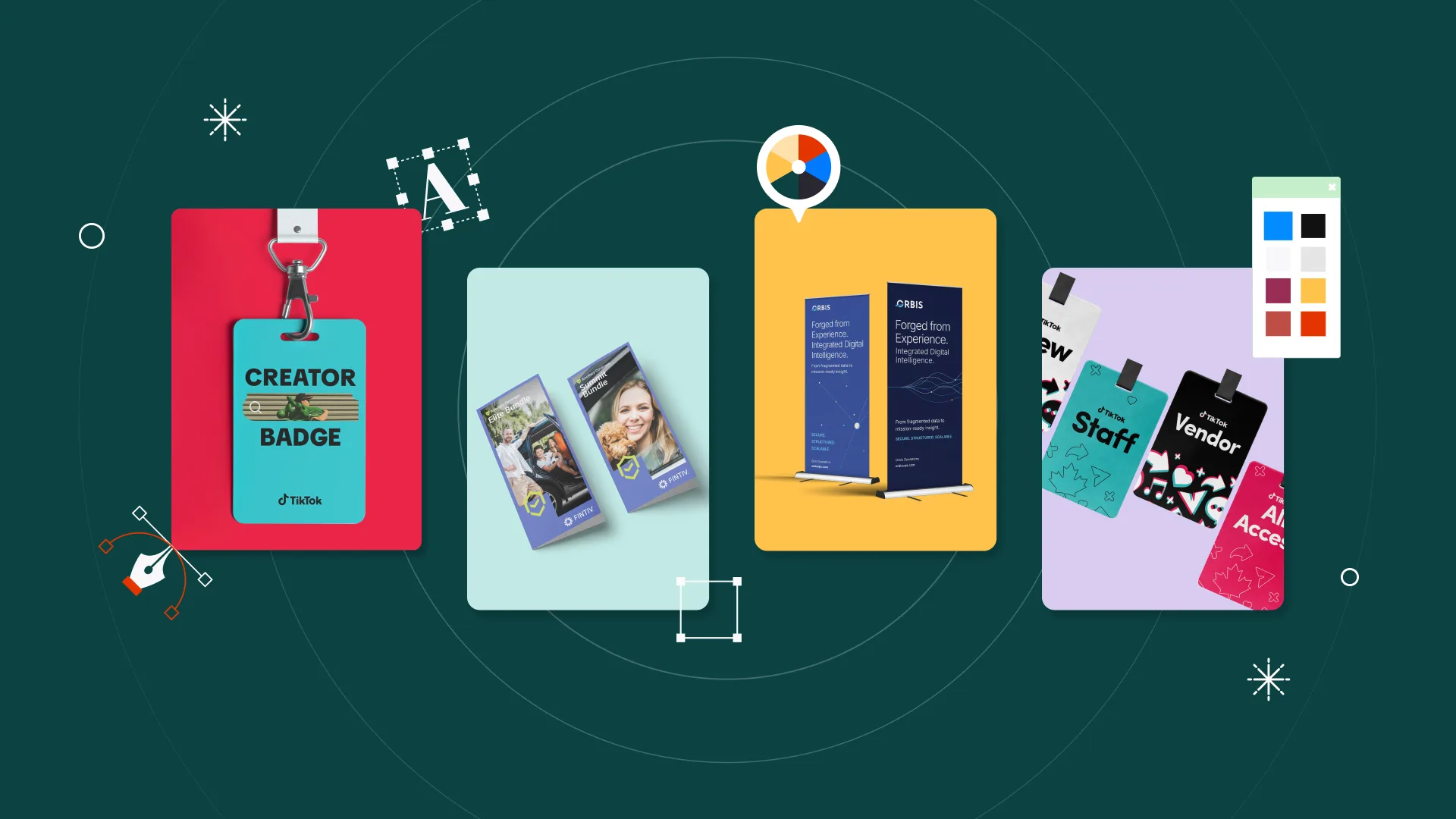 Event collateral design examples featuring badges, brochures, pop-up banners, and event passes