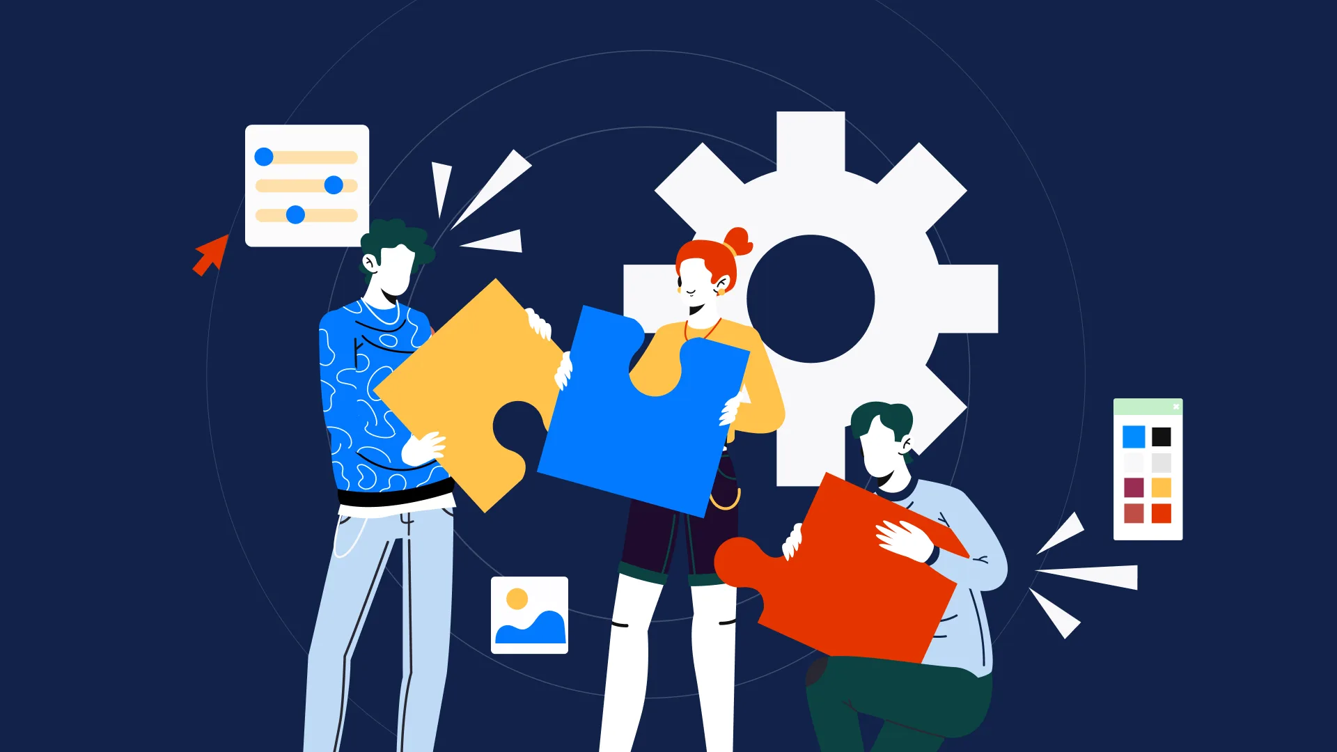 Illustration of a creative team assembling puzzle pieces around a gear with design controls and brand colors.