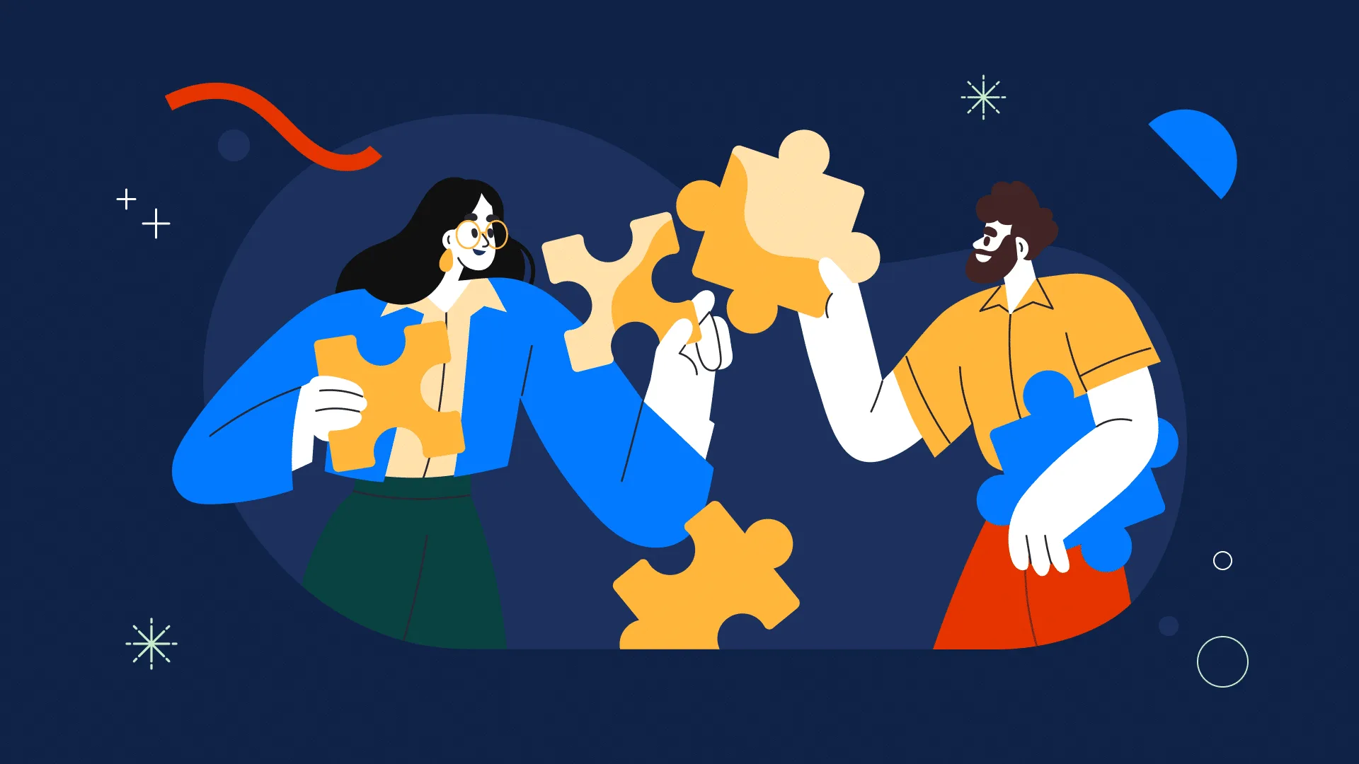 Illustration of two marketers assembling puzzle pieces to represent performance creative, data-driven design, and measurable marketing results