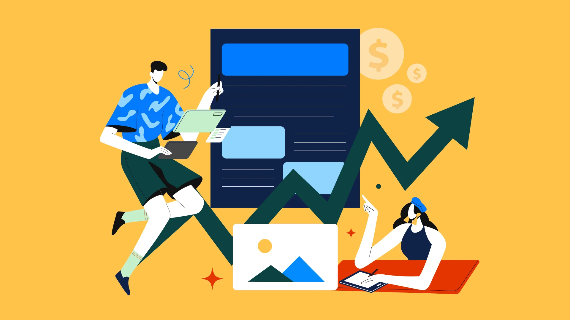 Illustration of graphic design subscription benefits, including scalable creative output, cost savings, and business growth