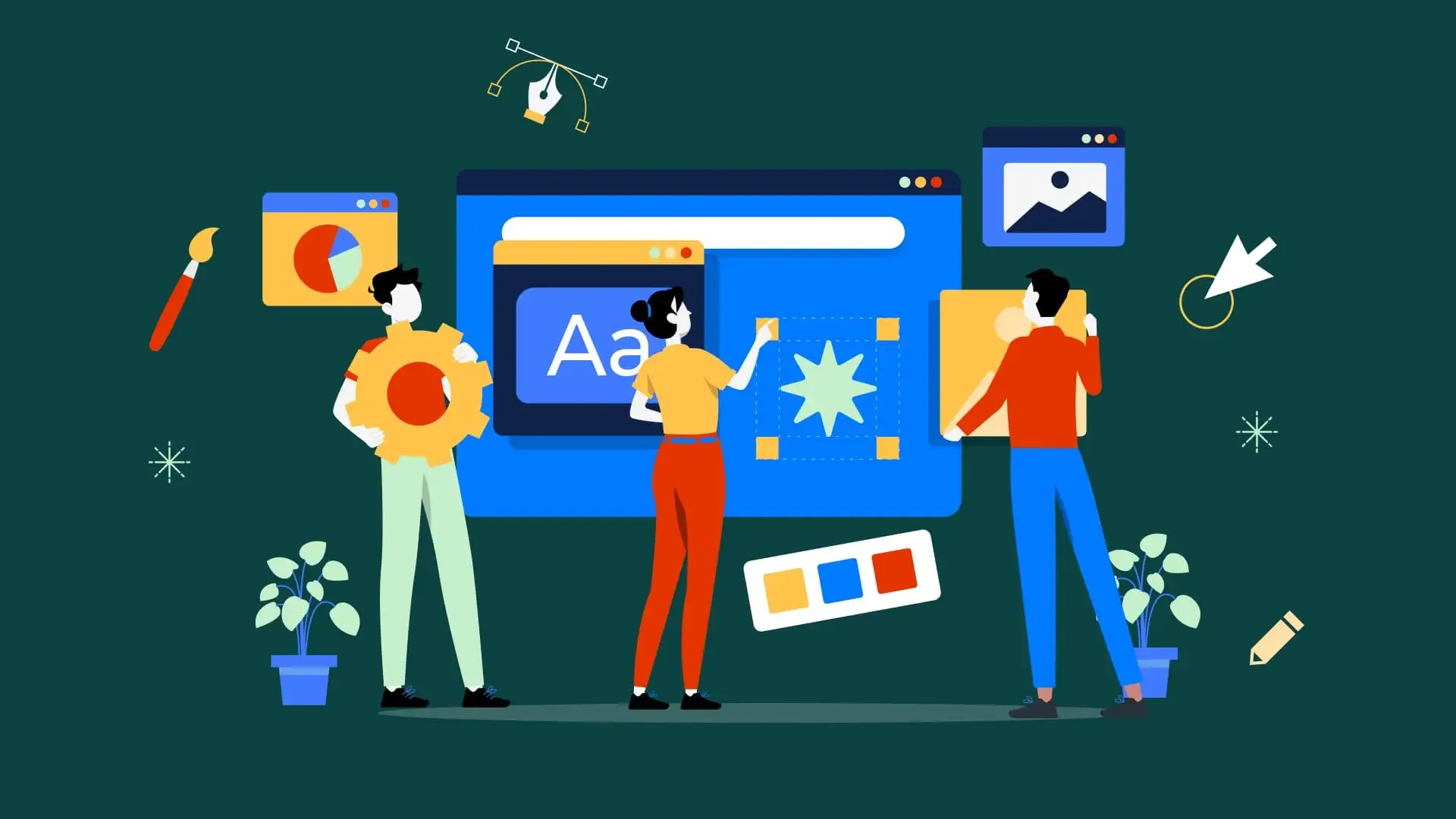 Illustration of three people collaborating on website design with charts, icons, and color palette.