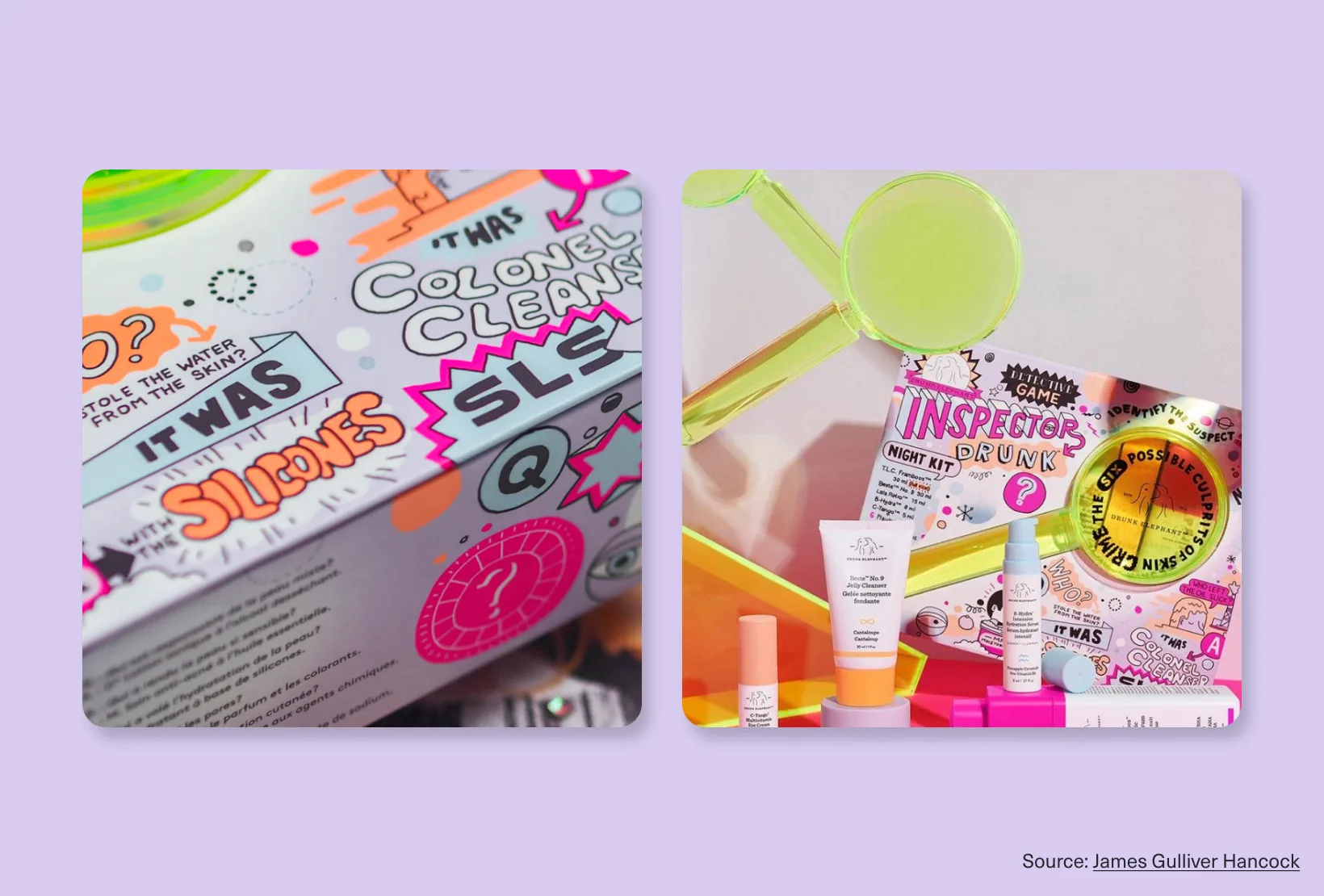 Drunk Elephant Inspector Drunk Night Kit packaging with bright graphics and skincare products
