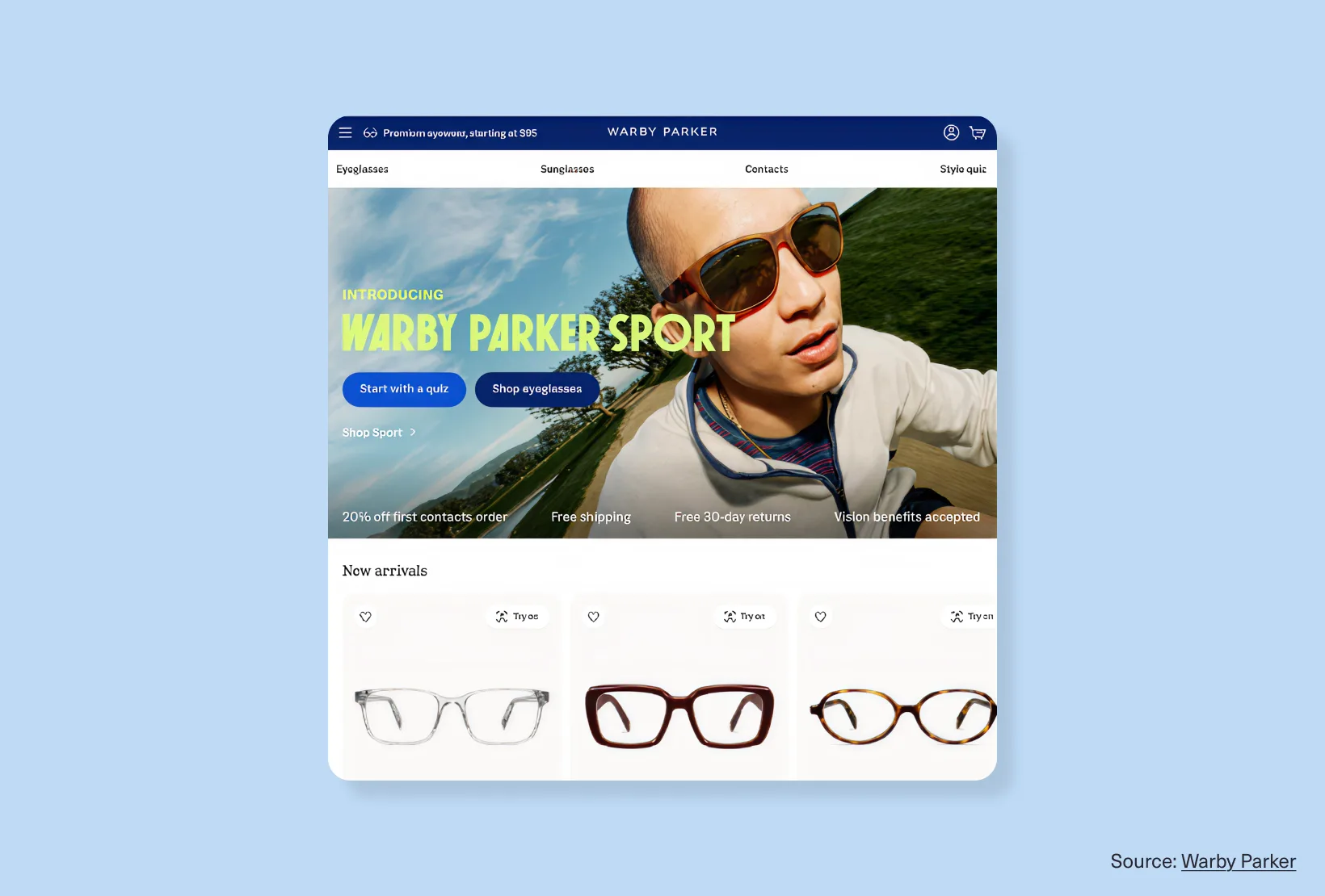 Screenshot of the Warby Parker homepage showing an e-commerce website design with a product hero banner and eyeglasses product grid