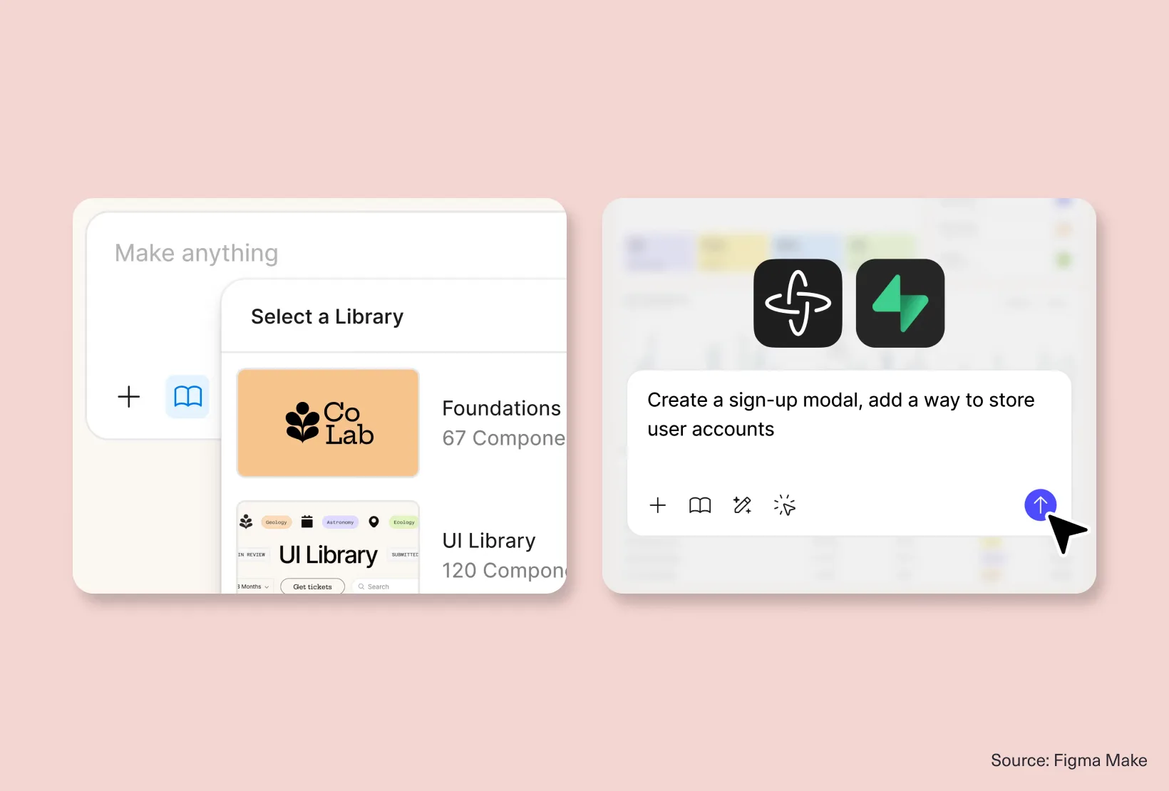 Figma Make interface showing a prompt box and design library selection for generating UI from components