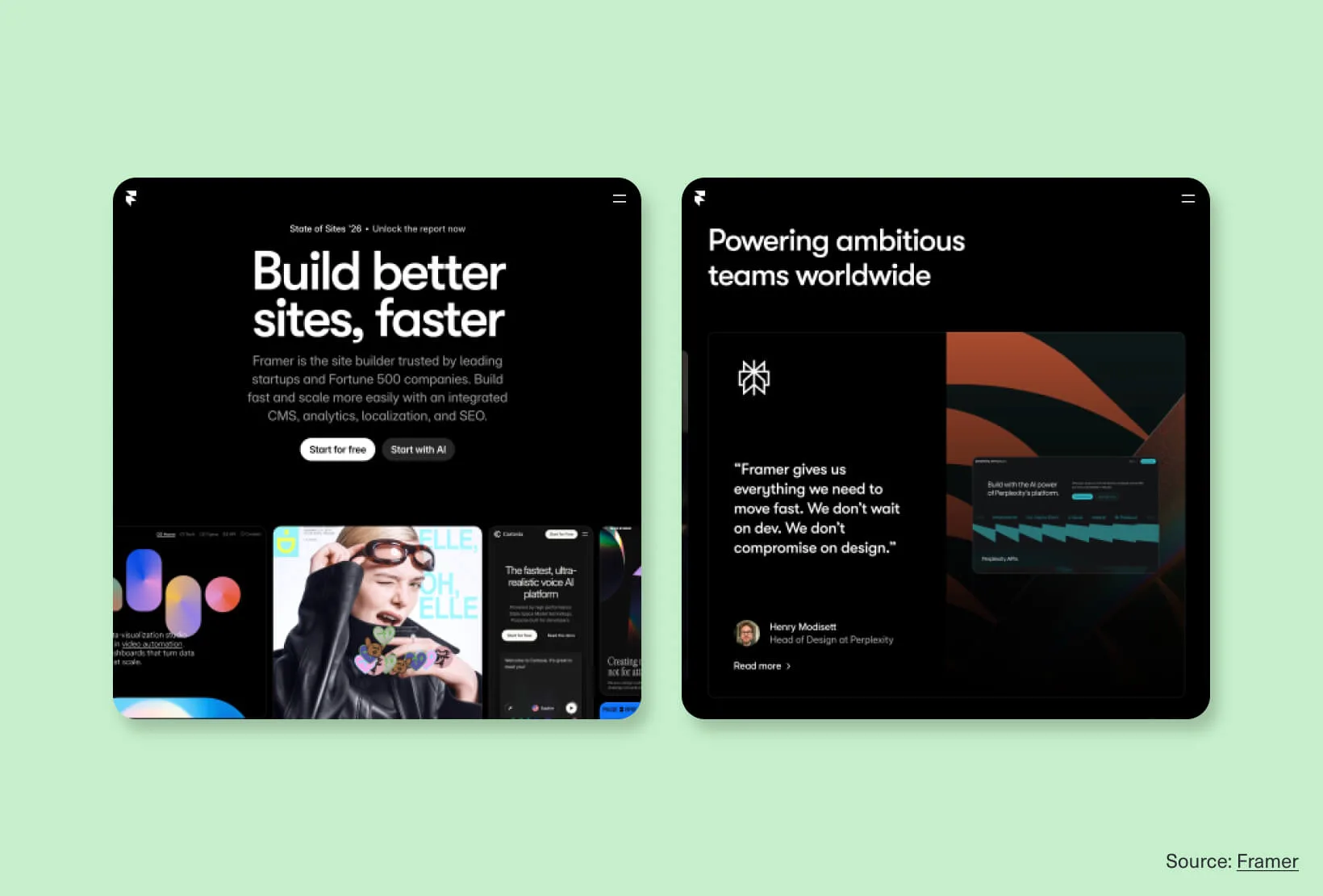 Framer website example with bold typography, customer proof, and product visuals, showing how trust is built into modern web design.
