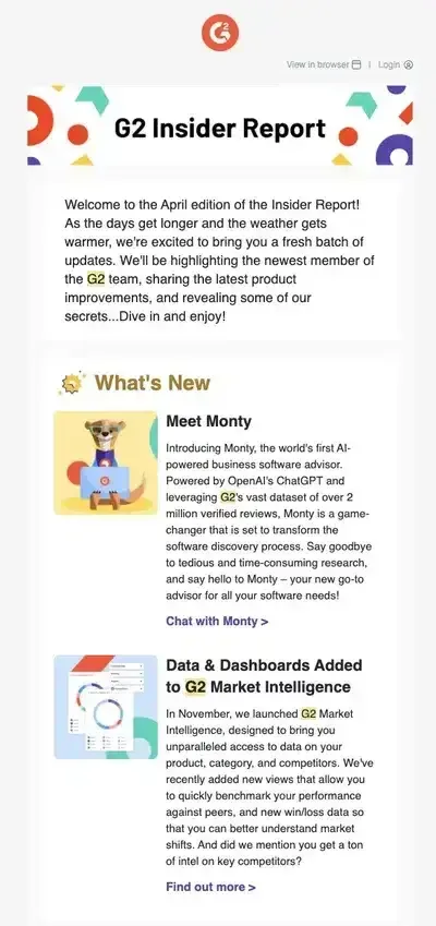 G2 newsletter featuring updates, a new AI advisor, data dashboards, and market intelligence tools.