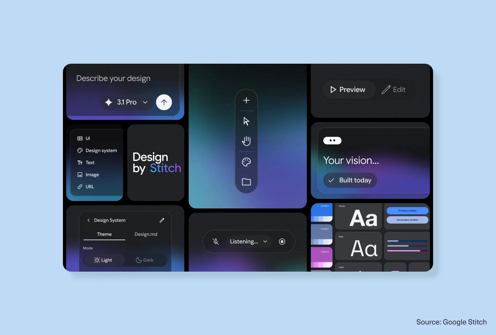 Google Stitch interface with prompt input, design system controls, preview mode, and UI styling panels