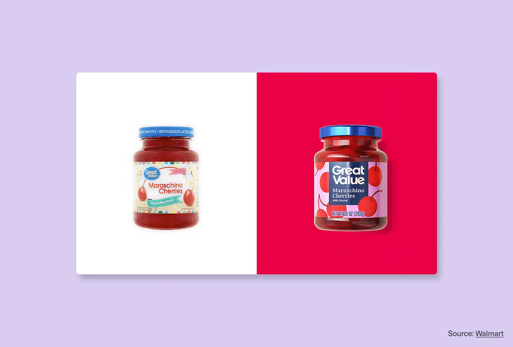Before-and-after comparison of Great Value maraschino cherries packaging design