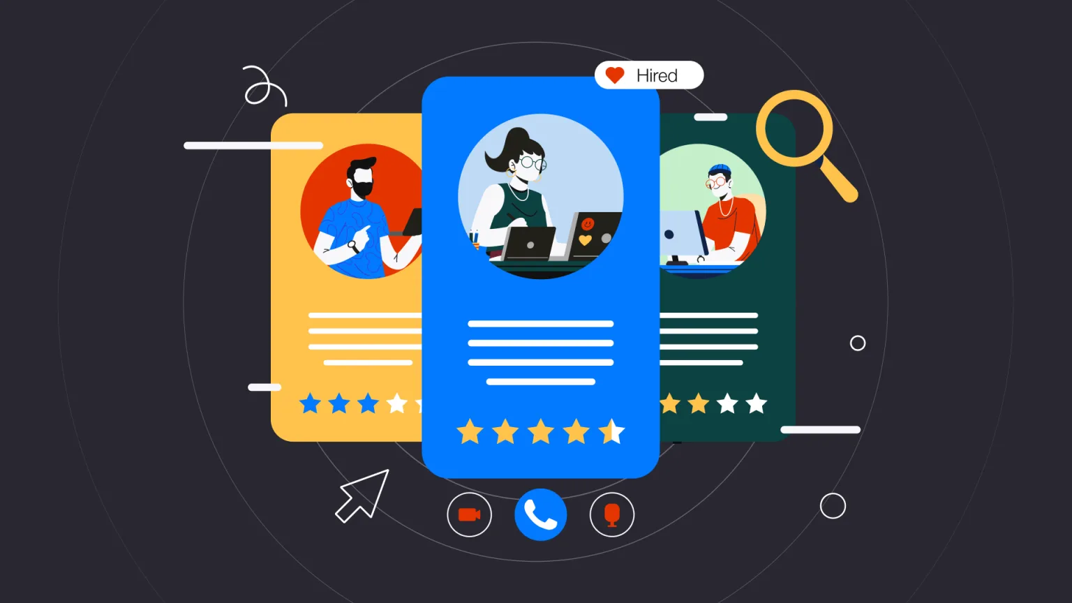 Illustration of a business selecting and hiring a designer from multiple creative team profiles