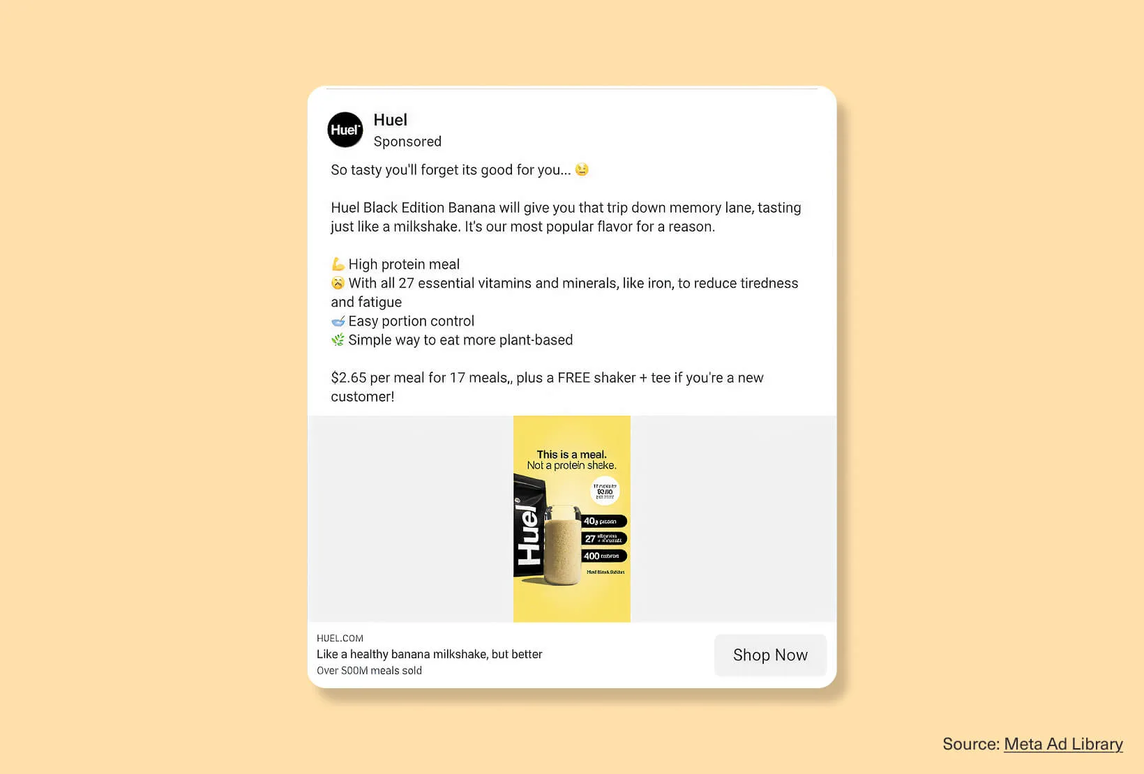 Huel Facebook advertising example promoting Black Edition Banana with nutrition benefits, a product shake image, and a Shop Now CTA.