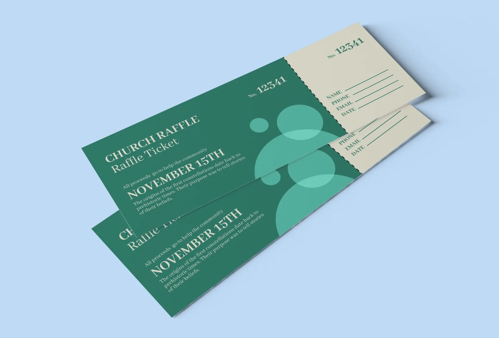 Green church raffle tickets with numbered tear-off entry forms
