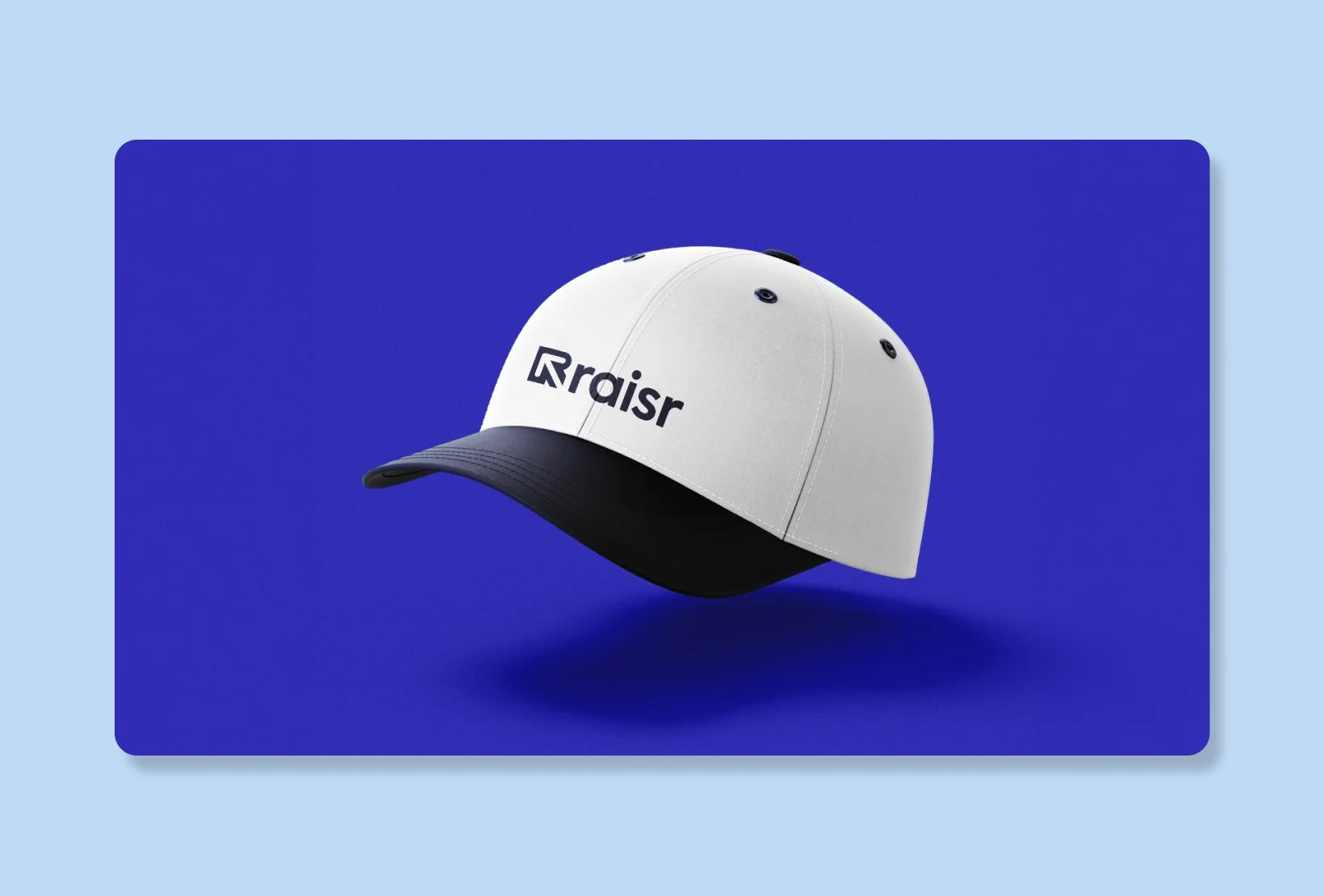 branded baseball cap displayed on a blue background