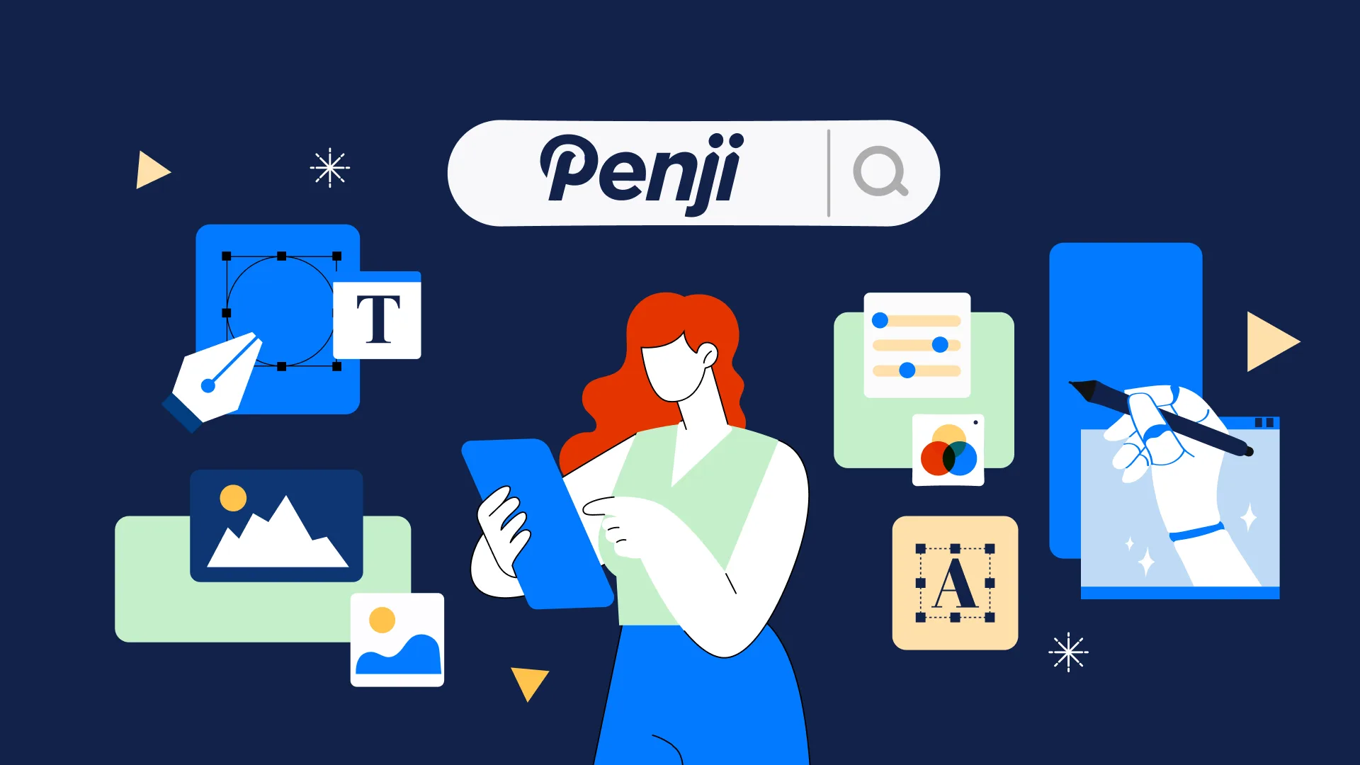 Woman with red hair holding tablet surrounded by design tools including shapes, text, color palette, and image editing icons on dark blue background